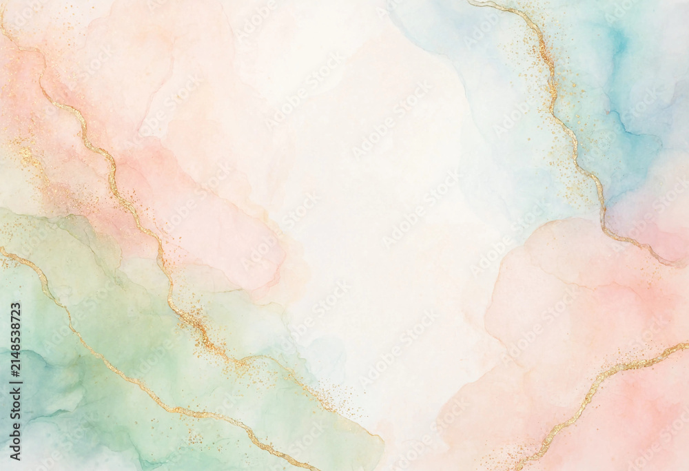 Fototapeta premium Soft pastel watercolor background with elegant gold glitter accents