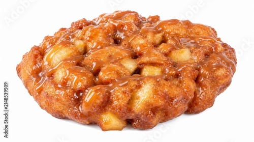 Apple fritter donut, golden crispy surface with apple chunks, caramel glaze drizzle, isolated on pure white background
