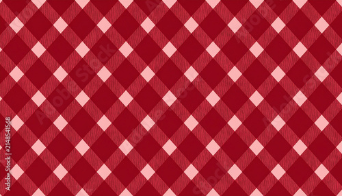 Red and white diagonal gingham pattern background, seamless rustic picnic tablecloth texture.