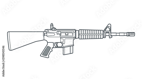 Modern Tactical Automatic Rifle Line Art Vector Illustration