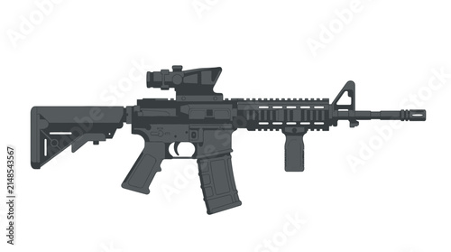 Modern tactical military assault rifle with optical scope and foregrip vector illustration
