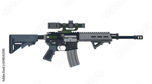 Modern Tactical Rifle with Optical Scope and Modular Accessories Vector Illustration