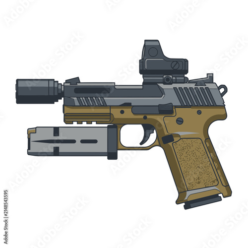 Modern Tactical Semi-Automatic Handgun with Optical Red Dot Sight and Suppressor Illustration