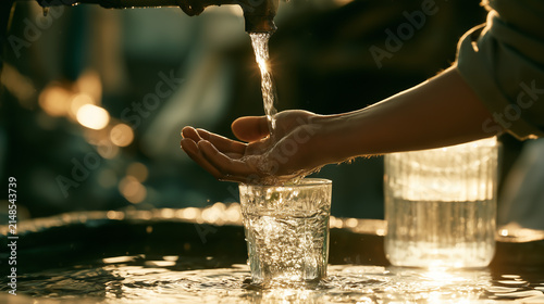 Hand Collecting Fresh Running Water from Faucet into Glass at Golden Hour, Clean Drinking Water and Hydration Concept. Global Warming and Water Conservation Concept. Horizontal Aspect 16:9