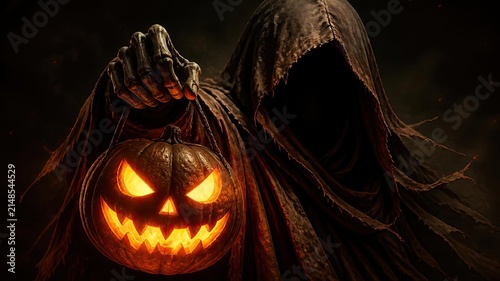 A terrifying grim reaper figure holding a glowing jack o lantern in a dark forest setting for a spooky halloween background