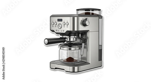 Modern stainless steel espresso machine making coffee with clear glass carafe