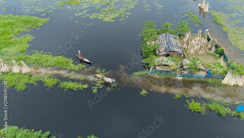 Flood-like monsoon waters cover Bortir Bil, North 24 Parganas, West Bengal, India. A wooden boat glides through the seasonal wetland as cows graze amid lush greenery, reflecting Bengal's rural 
