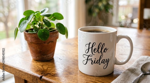 A white coffee mug with hello friday text beside a small potted green plant