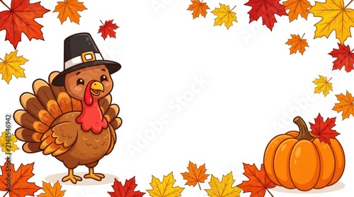 Cute Thanksgiving Turkey Cartoon With Pumpkins, Autumn Leaves Border, and Copy Space on White Background
