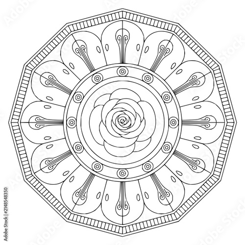Circular mandala coloring page with a central rose and symmetric geometric patterns in black and white line art