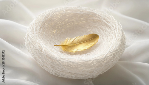 Single golden feather lying inside a white textured bird nest on elegant silk cloth with textured delicate minimalism stilllife background precious metaphor ornament prestige material