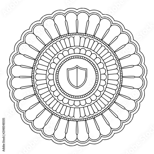 Circular decorative mandala featuring a central shield icon surrounded by ornate petal patterns in line art