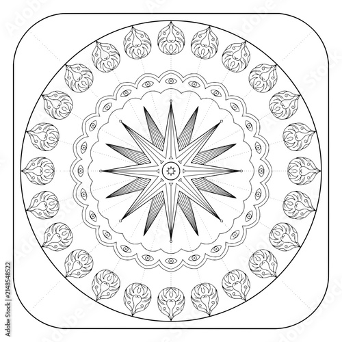 Mystical circular mandala with a central multi-pointed star and stylized eyes in black and white line art