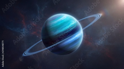 A stunning digital illustration of a vibrant blue planet with rings in outer space