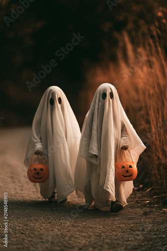 Two Children in Ghost Costumes Walking with Pumpkin Buckets on Path Surrounded by Warm Light and Blurred Grass for Halloween Celebration. Copy Space, Vertical Aspect ratio 2:3