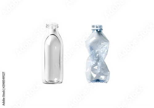 Two plastic bottles, one intact and one crushed, isolated on transparent background