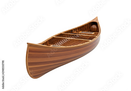 A highangle studio shot of a handcrafted wooden canoe with intricate ribbing and polished finish, isolated on transparent background