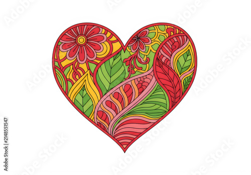 Hand drawn decorative heart shape with intricate floral and leaf patterns in vibrant colors isolated on transparent background