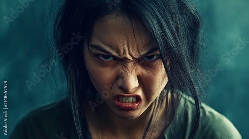 Intense expression: Close-up portrait of a person displaying anger and frustration with furrowed brow and clenched teeth