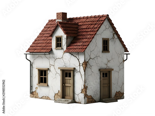 Small weathered cottage model with cracked white plaster walls and red tiled roof isolated on transparent background