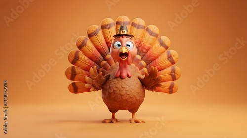 A whimsical 3D render of a cute cartoon turkey wearing a small pilgrim hat, standing with wings outspread against a solid warm orange studio background