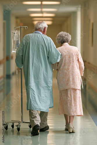 Elderly Couple Walking Together in Hospital Corridor with IV Pole, Showing Love, Care and Companionship in a Clinical Healthcare Setting. Copy space, Vertical aspect 2:3.