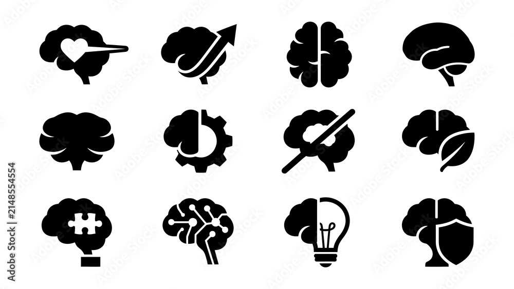 Obraz premium Black brain icons with creative and medical symbols