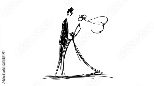 Bride and groom dancing together during their wedding day celebration in a simple line drawing