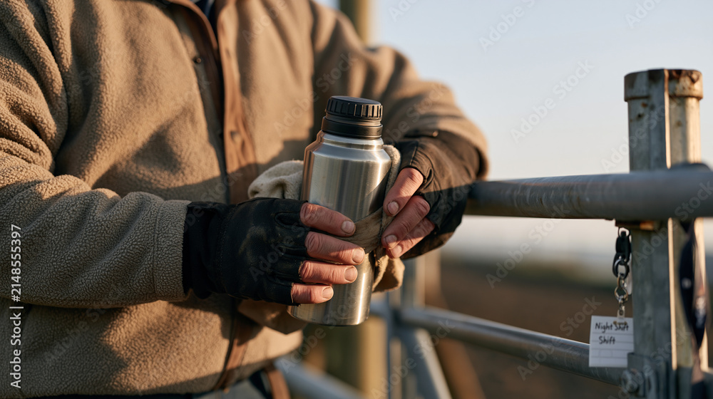 Naklejka premium A dairy farmer's hands in early morning darkness wrapping an insulated flask beside a barn gate, a rural lane stretching behind them under a still sky, a hospital lanyard and a