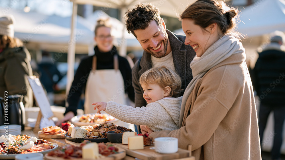Obraz premium Family unit browses a vibrant winter catering market stall overflowing with holiday platters and charcuterie boards, parents lifting a small child to see elaborate seasonal spread