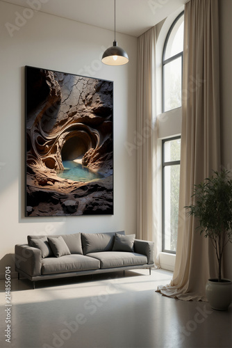 Modern living room with a large art piece showcasing a cave scene with water and rock formations