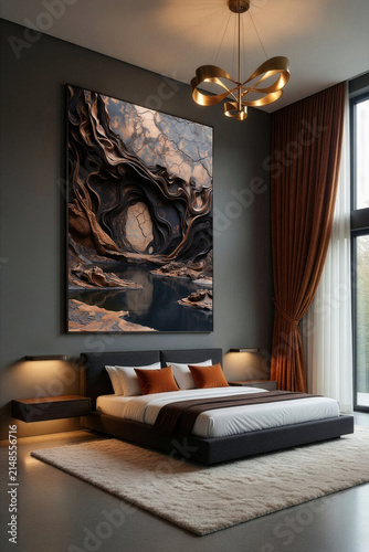 Modern bedroom with large artwork and natural light from windows