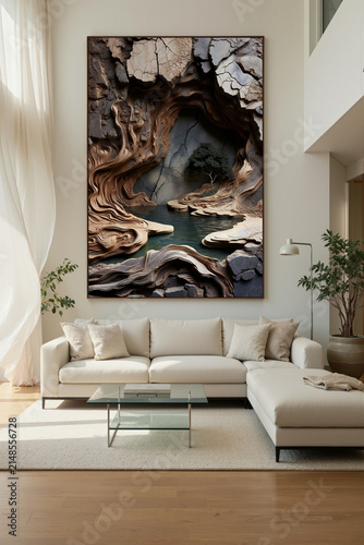 Art piece of a natural scene with flowing shapes and water displayed in a living room setting