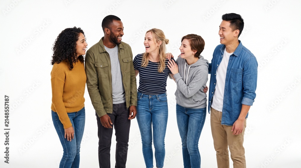 Obraz premium Diverse group of young friends laughing and sharing a joyful moment together against a white background