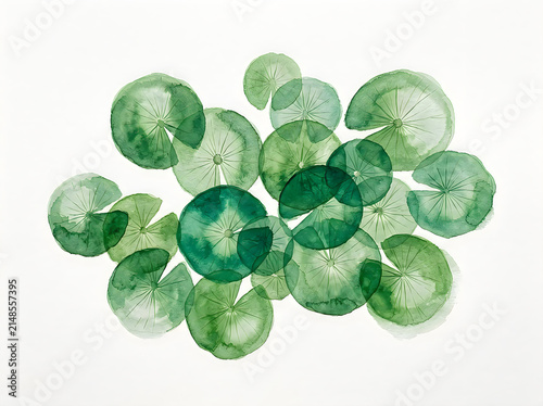 Watercolor painting of green lily pads on a white background