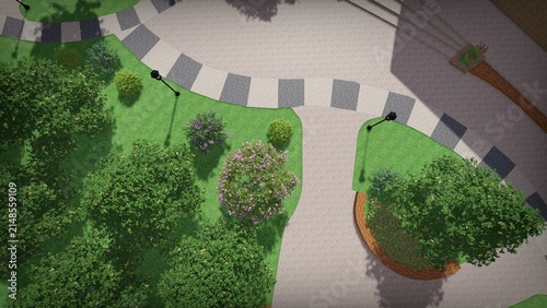 3d image of the landscape design of the home territory. Landscaping of the territory. Computer visualization of composite landscaping and landscaping solutions.