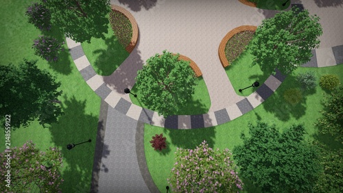 3d image of the landscape design of the home territory. Landscaping of the territory. Computer visualization of composite landscaping and landscaping solutions.