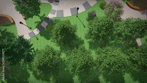 3d image of the landscape design of the home territory. Landscaping of the territory. Computer visualization of composite landscaping and landscaping solutions.