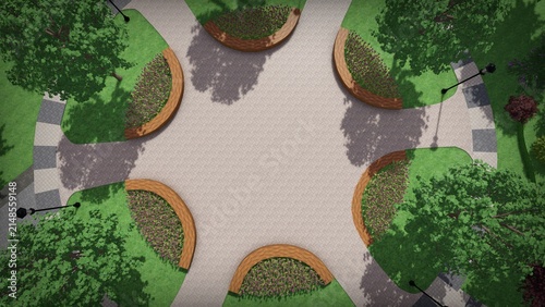 3d image of the landscape design of the home territory. Landscaping of the territory. Computer visualization of composite landscaping and landscaping solutions.