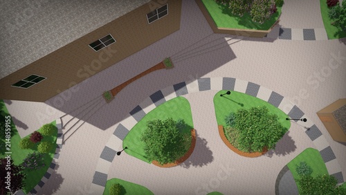 3d image of the landscape design of the home territory. Landscaping of the territory. Computer visualization of composite landscaping and landscaping solutions.
