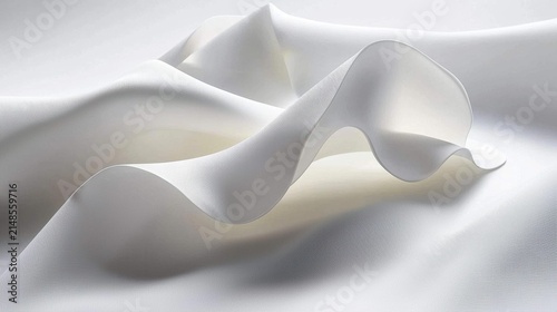 White fabric is draped and folded, creating flowing curves and shadows. AI.