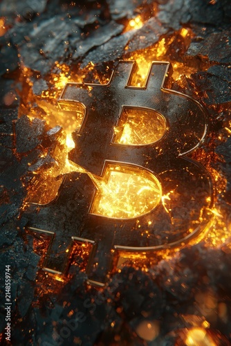 A golden bitcoin symbol emerges from cracked, molten rock illuminated by a fiery orange glow. AI.