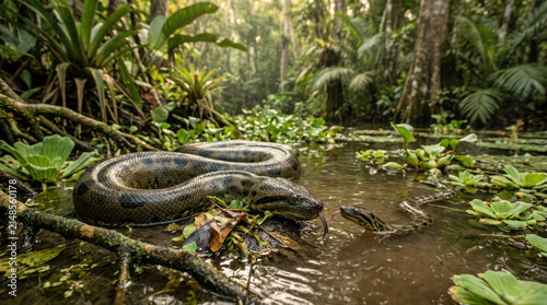 Giant Anaconda Snake Resting in Lush Green Amazon Rainforest Swamp Water.
