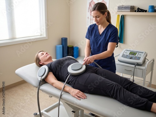 Professional physiotherapist providing magnetic field therapy to a patient lying on a medical table in a clinic