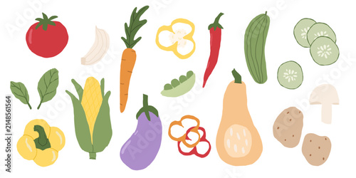 Fresh organic vegetables set with tomato carrot pepper corn eggplant cucumber mushroom squash garlic potato and peas isolated on white background