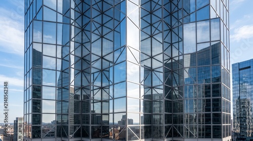 Modern architectural glass facade of a high-rise office building with geometric steel framework reflecting the urban city skyline