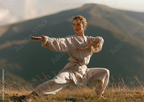 Woman Practicing Yoga and Martial Arts Pose on Sunlit Hillside with Mountain Range Background, Symbolizing Balance, Strength and Mindful Wellness