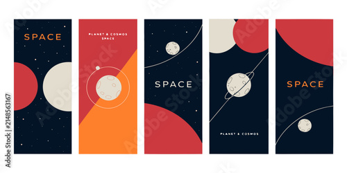 Fotografía Geometric space posters with planets moons and celestial bodies in a minimalist