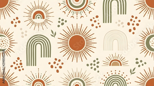 Boho style seamless pattern with celestial suns rainbows and moon phases in earthy terracotta and sage green colors.