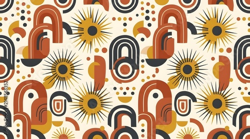 Boho abstract sunburst pattern with arched rainbows and geometric shapes in earthy tones tiles.